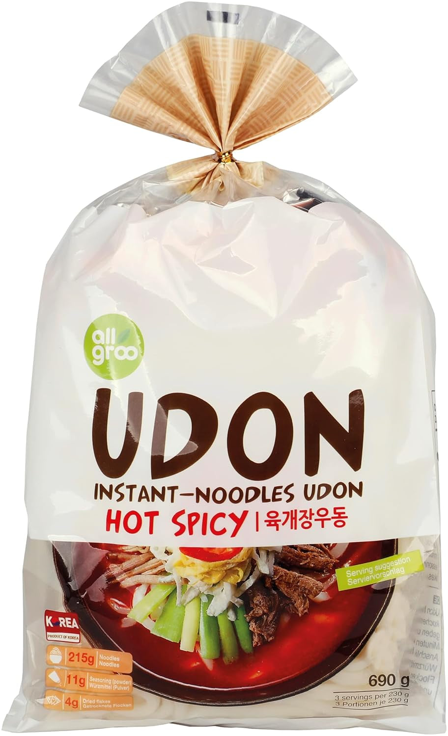 Allgroo Udon Instant Nudeln – Würzige Udon-Suppe, schnelle Zubereitung – Enthält 3 Portionen – 1 x 690 g