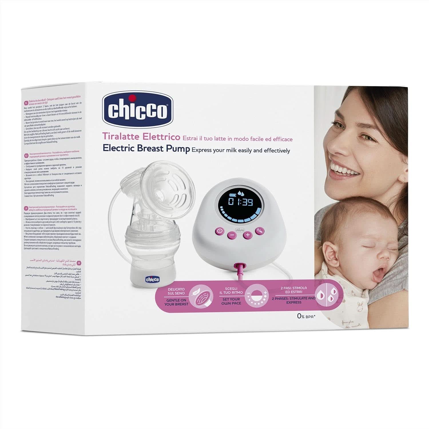 Elektrische Milchpumpe von Chicco mit Stimulations- und Extraktionsphasen, 10 Intensitätsstufen, bequem und schnell, ergonomische Form, mit geneigtem Sauger und dichtem Verschluss, weiß, 150 ml Zubehör Essen und Stillen Bebe Naty Shop