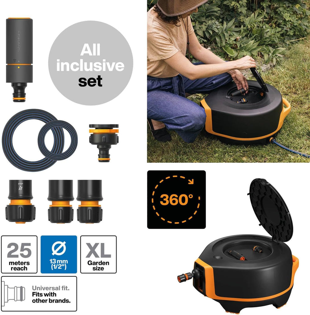 Fiskars Waterwheel XL, Set de udare all-inclusive, Rază totală de acțiune de 25 m, Retragere automată, Furtun de grădină universal (Ø 13 mm), Conector universal pentru robinet, Negru/Portocaliu, Seria X, 1067549