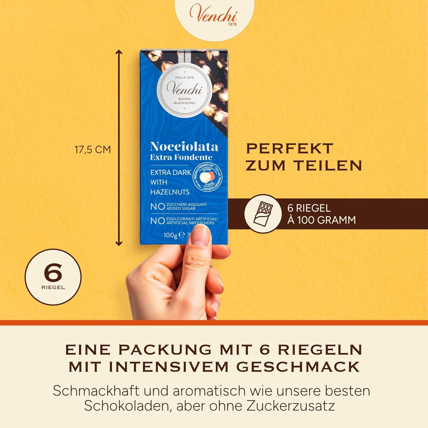 Venchi – Packung mit 6 Tafeln dunkler Schokolade mit Haselnüssen, 600 g – Ohne Zuckerzusatz – Ohne künstliche Süßstoffe – Glutenfrei – Vegan – Geschenkidee