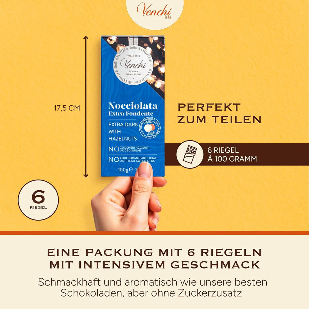 Venchi – Packung mit 6 Tafeln dunkler Schokolade mit Haselnüssen, 600 g – Ohne Zuckerzusatz – Ohne künstliche Süßstoffe – Glutenfrei – Vegan – Geschenkidee