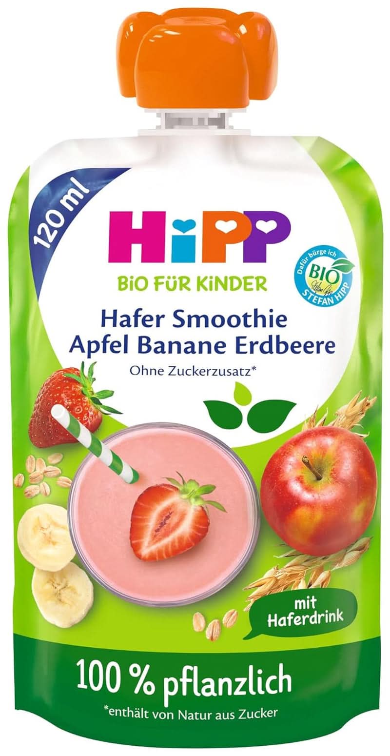 Hipp BIO Smoothie mit Äpfeln, Pfirsichen, Bananen mit Haferdrink, 120 ml, 6er Pack (6 x 120 ml) Mutter und Kind Naty Shop 6 x 120 ml Bananen, Erdbeeren