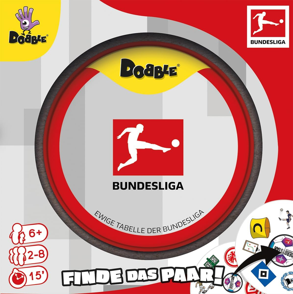Dobble Bundesliga, Familienspiel, Kartenspiel, 2-8 Spieler, ab 6 Jahren, 15 Minuten, deutsch