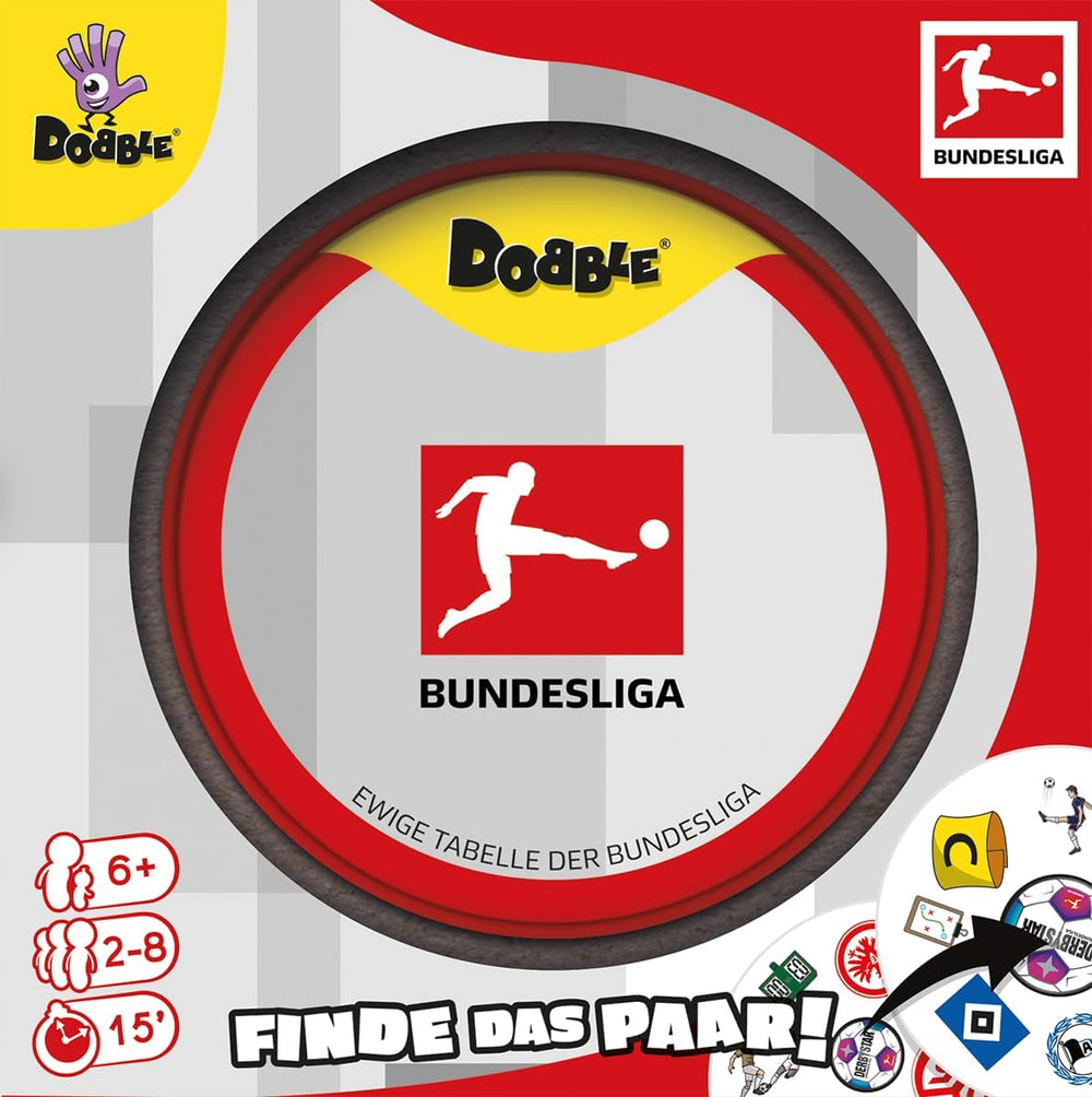Dobble Bundesliga, Familienspiel, Kartenspiel, 2-8 Spieler, ab 6 Jahren, 15 Minuten, deutsch