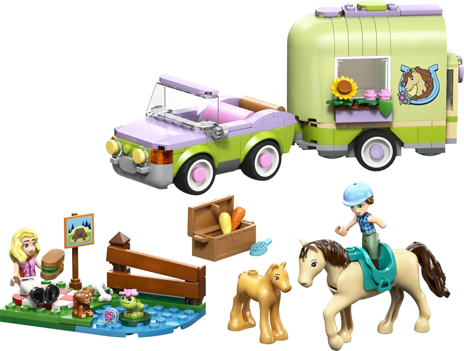 LEGO Friends Pferd und Fohlen mit Pferdeanhänger – Pferde Spieleset mit Pflegezubehör, 4 Tierfiguren, Auto & 2 Mini Puppen – Geschenkeidee zum Geburtstag für Mädchen ab 7 Jahren – 42695
