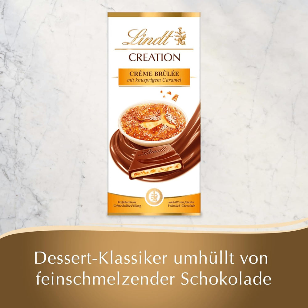 Riegel Crème Brûlée Lindt Chocolate Creation | Crème Brûlée-Füllung mit knusprigem Karamell, garniert mit feinster Vollmilchschokolade | Schokoriegel | Schokoladengeschenk, 150g