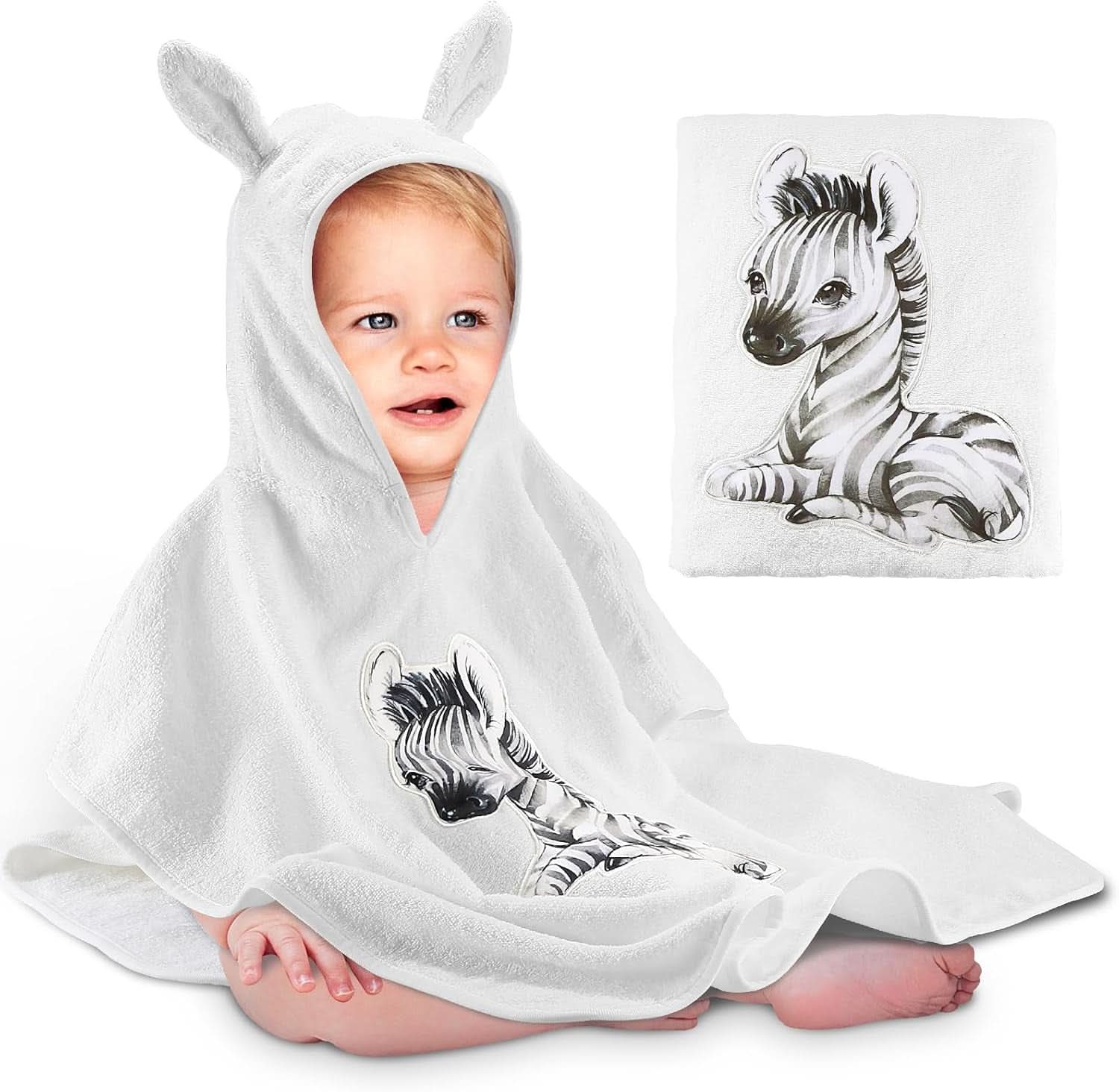 Oeko TEX Kinder-Badeponcho, 100 % Baumwolle Mutter und Kind Naty Shop Weiß - Zebra