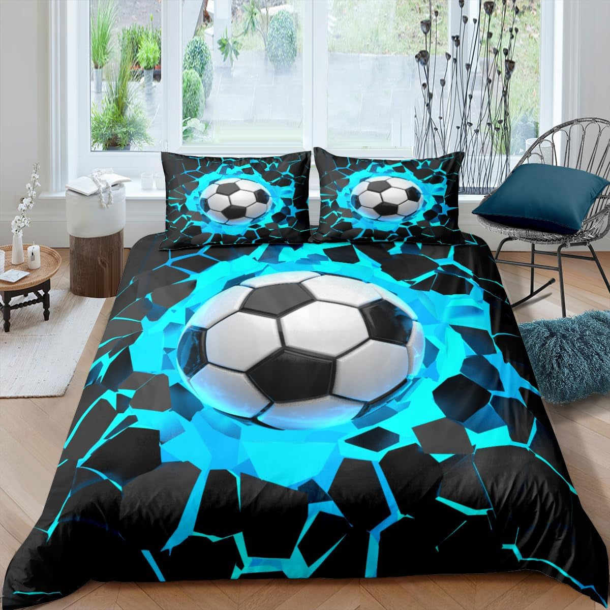 Kinderbettwäsche, Fußball, Polyester-Mikrofaser. Bettwäsche – Kinder, Naty Shop, Blau, 135 x 200 cm