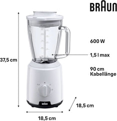 Braun Powerblend 1 JB1050WH - Standmixer Mit 1,5 L Glas-Mixaufsatz, Küchenhelfer Zum Zerkleinern, Pürieren & Mixen, Ice-Crush-Funktion, 2 Geschwindigkeiten, 600 Watt, Weiß Kitchen Naty Shop