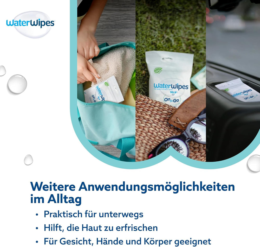WaterWipes Sensitive+ Feuchttücher für unterwegs, 100 Tücher (10er-Pack), 3-in-1 reinigt, pflegt, schützt, 99,9 % Wasser, parfümfreie Tücher
