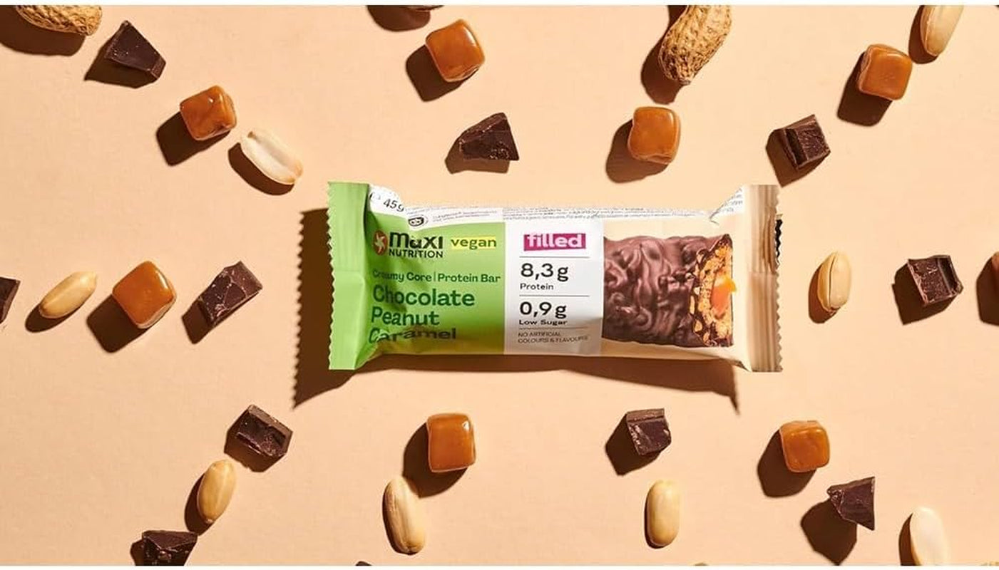 MaxiNutrition Cremiger veganer Proteinriegel mit Schokolade, Erdnüssen und Karamell 12x45g – veganer Proteinriegel, 18% Protein, 8,3g pro Riegel, geringer Zuckergehalt (0,9g), kein zugesetzter Zucker, keine künstlichen Aromen