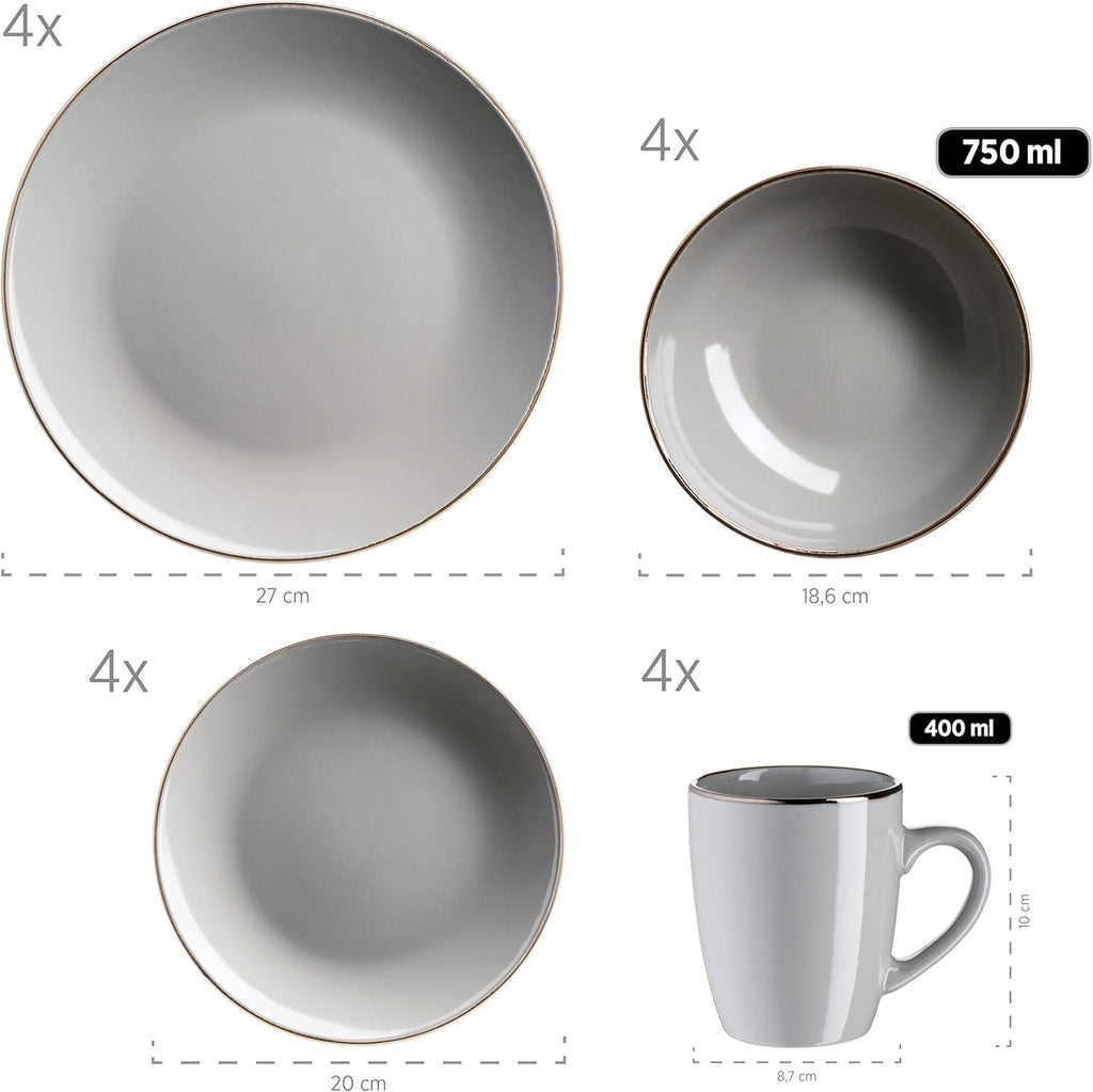 MÄSER Metallic Rim, Modernes Geschirr Set Für 4 Personen Mit Messingfarbenem Rand, 16-Teiliges Kombiservice Mit Randlosen Coupe-Formen, Steinzeug, Grau Seturi vesela masa Naty Shop