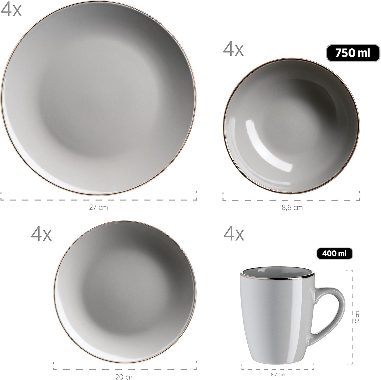 MÄSER Metallic Rim, Modernes Geschirr Set Für 4 Personen Mit Messingfarbenem Rand, 16-Teiliges Kombiservice Mit Randlosen Coupe-Formen, Steinzeug, Grau Seturi vesela masa Naty Shop