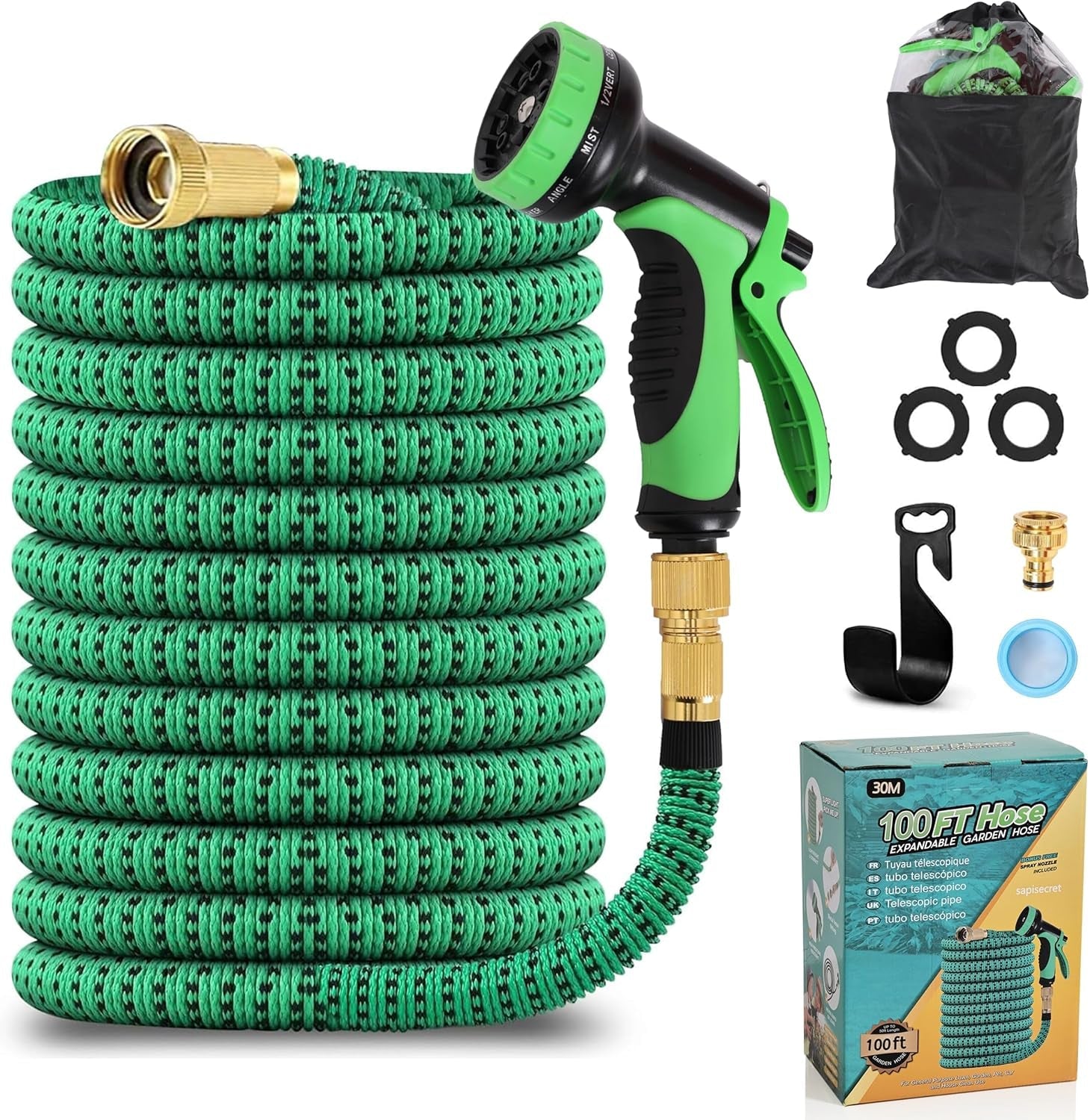 Furtun de grădină extensibil de 45 m, furtun de apă flexibil și retractabil automat, 10 modele de pulverizare, TPE 2500D, conectori metalici, pentru grădini foarte mari, agricultură, curățenie