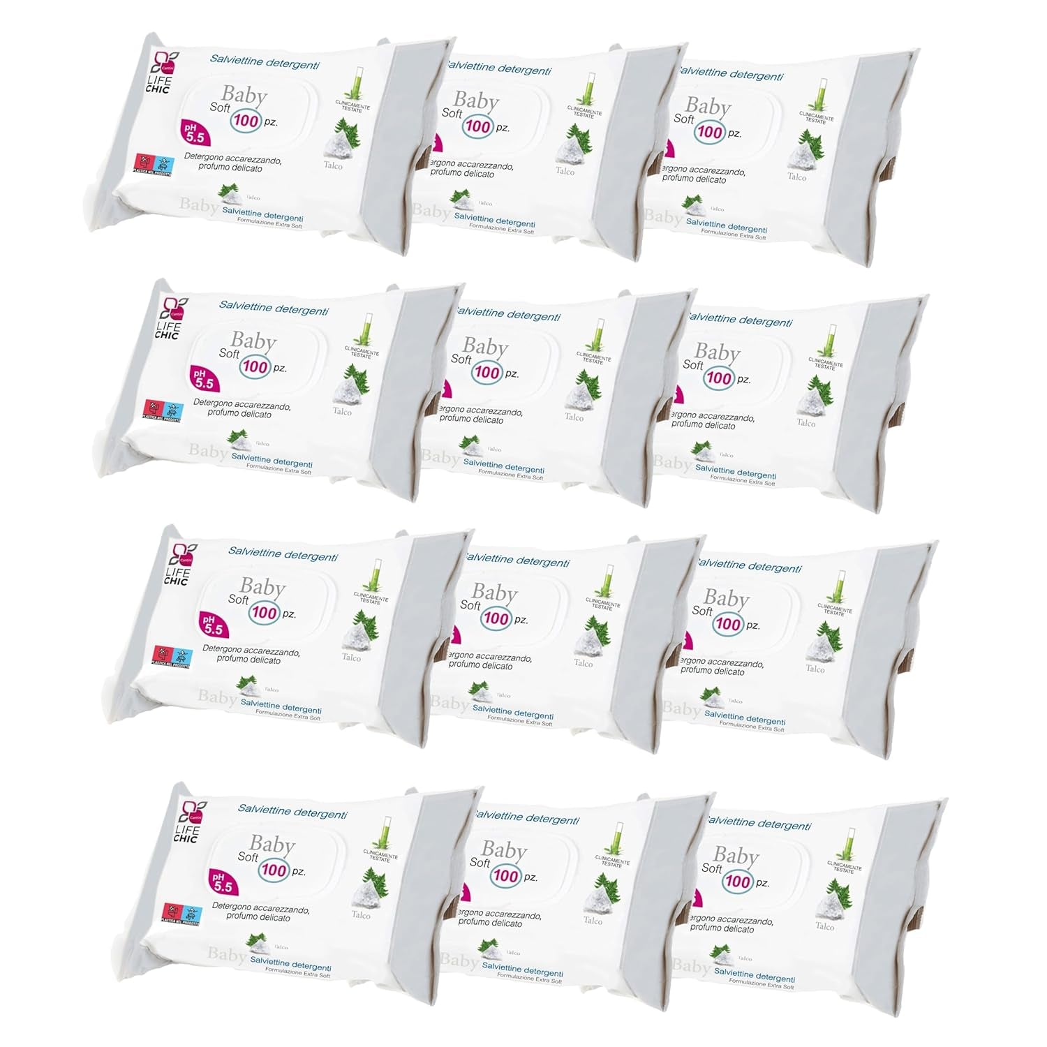 Baby-Feuchttücher mit Talkum für empfindliche Haut, alkoholfrei, hautfreundlich, pH-Wert 5,5, leicht parfümiert, 1200 Stück (12er-Pack)