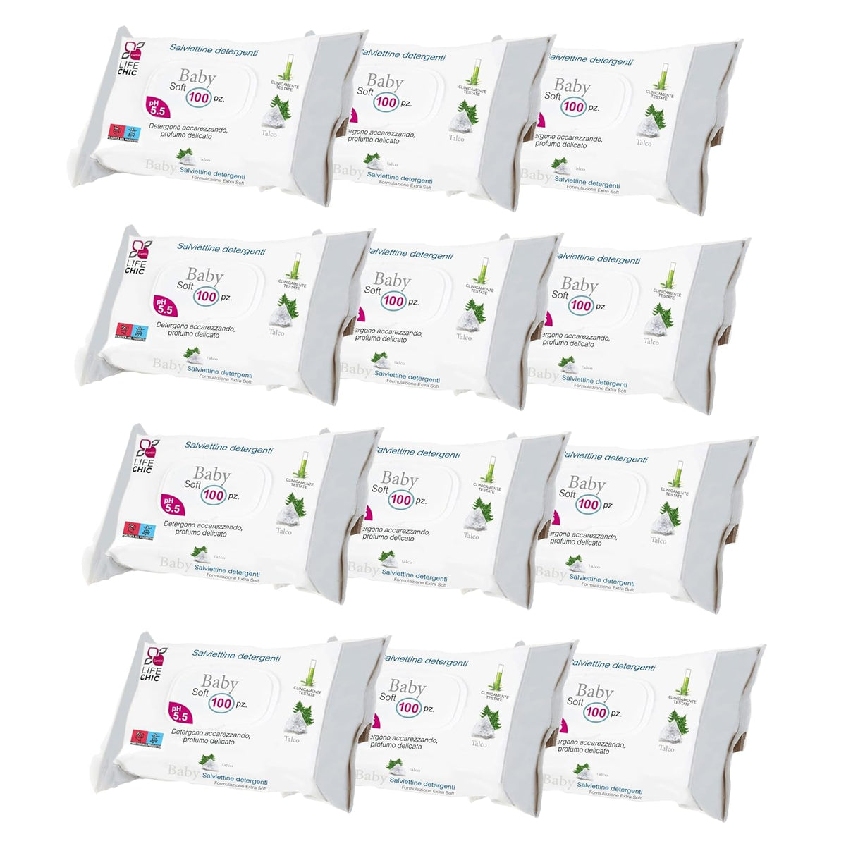 Baby-Feuchttücher mit Talkum für empfindliche Haut, alkoholfrei, hautfreundlich, pH-Wert 5,5, leicht parfümiert, 1200 Stück (12er-Pack)