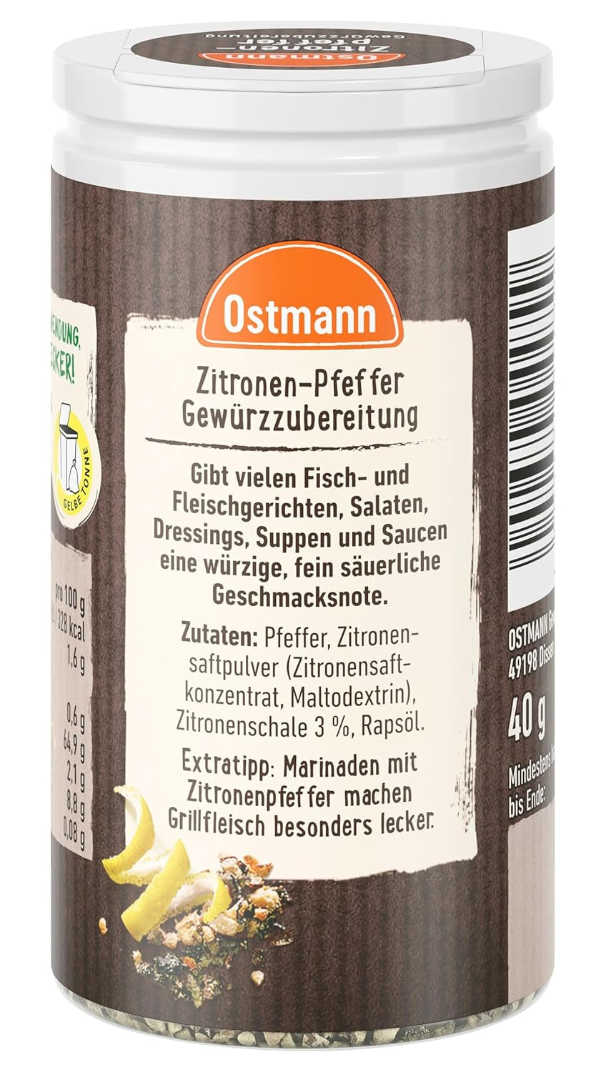 Ostmann Gewürze - Zitronenpfeffer Gewürzzubereitung | Für Salatdressings, Saucen und Fischgerichte 40 g in der Streudose
