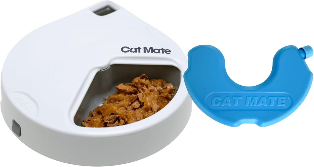 Cat Mate C200 Hrănitoare automată pentru 2 mese cu cronometru (401) - pentru pisici și câini mici, inclusiv baterie de răcire pentru hrană umedă și uscată, mese de până la 400 g fiecare, alb