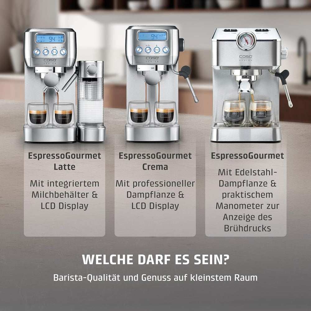Caso Espresso Gourmet - Espressor portafiltru din oțel inoxidabil, pompă Ulka puternică de 19 bari, cu spumator de lapte, pentru cafea măcinată sau capsule de cafea ESE, pentru 2 cești, cu încălzitor de cești