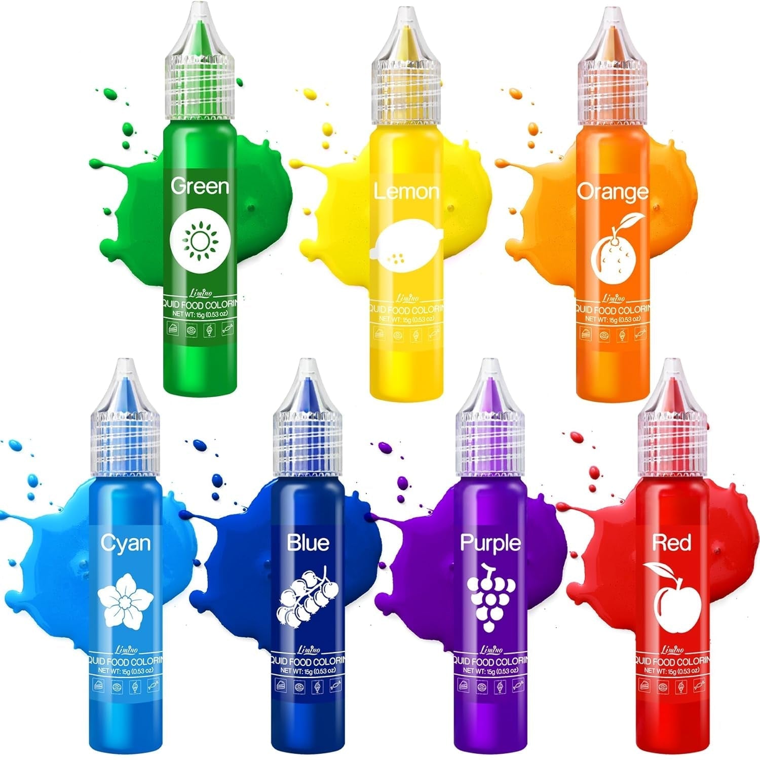 Colorant alimentar - Coloranți alimentari lichizi în culorile curcubeului pentru prăjituri, copt, fursecuri, macaroane - Colorant alimentar concentrat fără zahăr pentru decorarea torturilor, băuturi, ouă de Paște, slime - 15 g fiecare