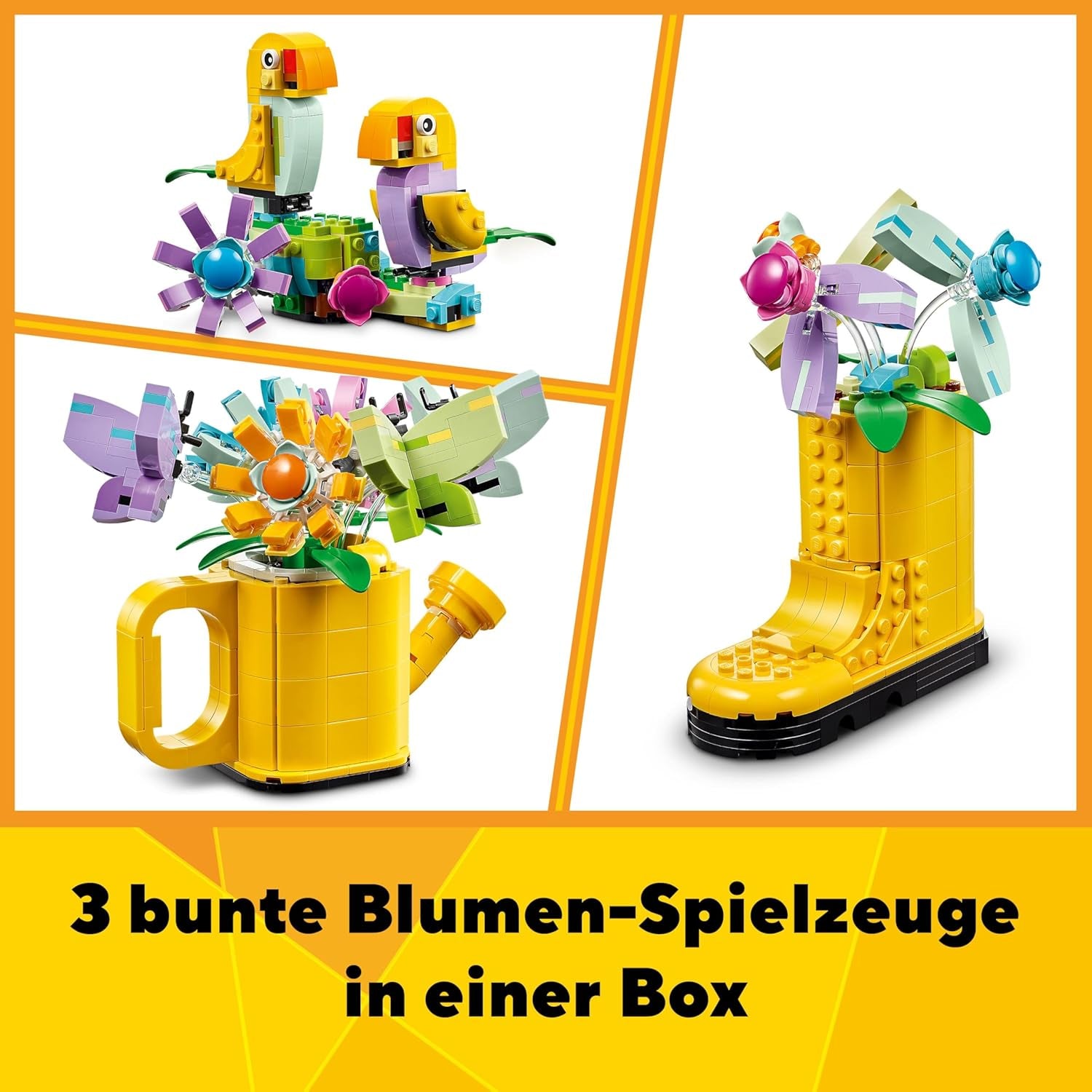 LEGO Creator 3-in-1-Spielzeug mit Blumen in der Gießkanne, Gummistiefel für 2 Vögel auf einer Stange, Tierset für Mädchen, Jungen und Kinder, mit 3 Schmetterlingsspielzeugen, tolles Schreibtischzubehör, Naturgeschenk 31149