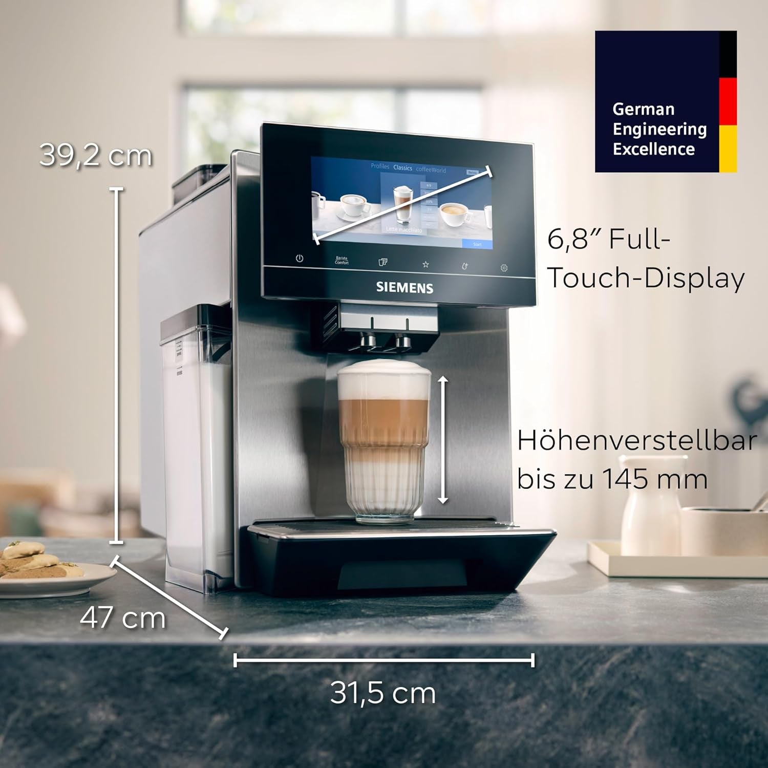Espressor complet automat SIEMENS EQ900 TQ905D03, control prin aplicație, afișaj complet tactil, mod barista, reducere a zgomotului, până la 10 profiluri, râșniță premium, curățare automată cu abur, 1500 W, oțel inoxidabil