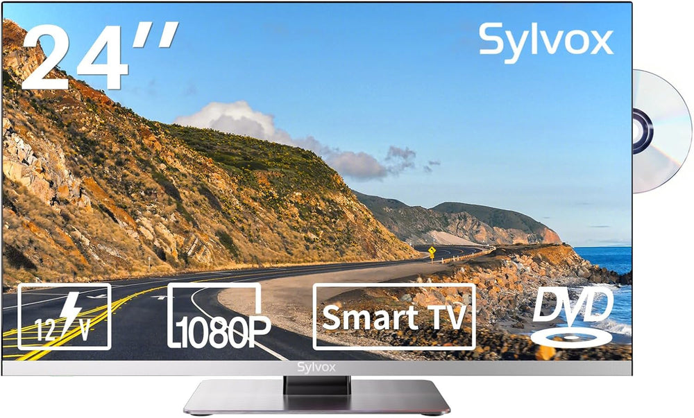 SYLVOX Televizor inteligent Android de 27 de inci pentru autorulote, televizor de călătorie 1080P cu DVD player încorporat, televizor de 12V cu asistent Google, AC/DC, difuzoare HiFi, tuner triplu, HDMI USB, televizor pentru rulote