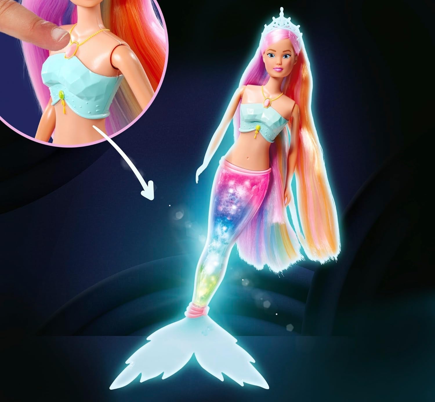 Steffi Love Sirena Curcubeu Magic, păpușă sirenă cu funcție de lumină curcubeu magică și păr extra lung, 39 cm, vârste 3+