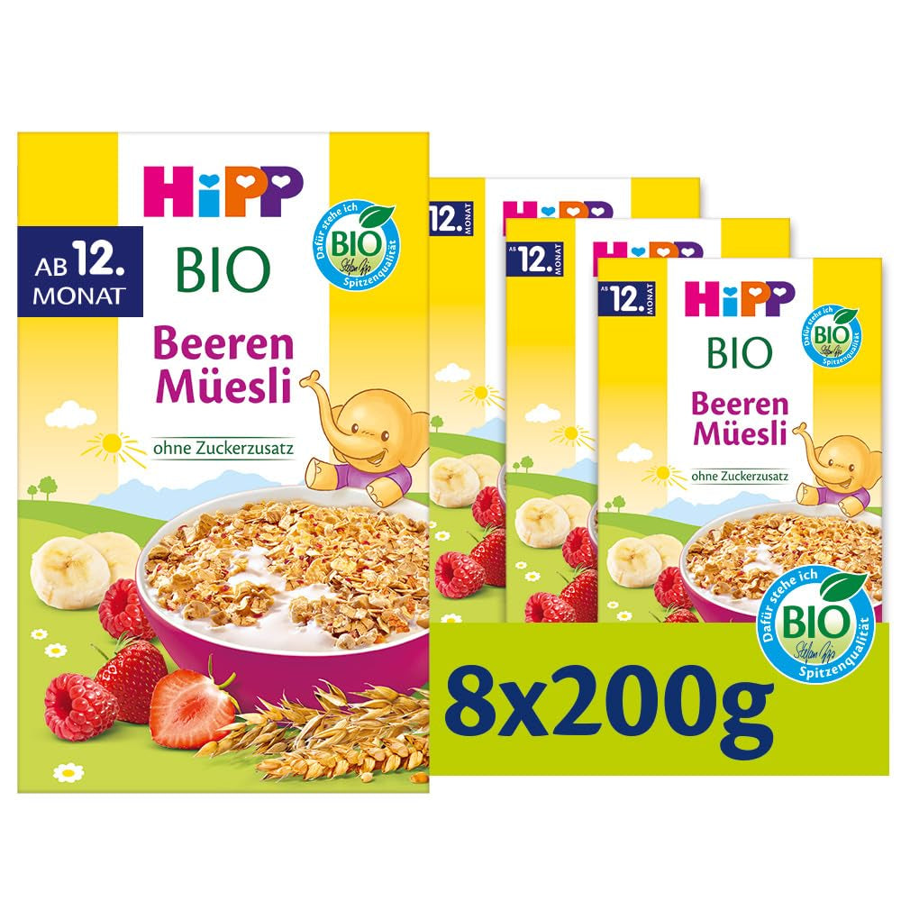 HiPP Bio Beeren-Müesli (8 x 200g), ab 12. Monat, ohne Zuckerzusatz, besonders feine Stückchen - leicht zu kauen, in bester Bio-Qualität