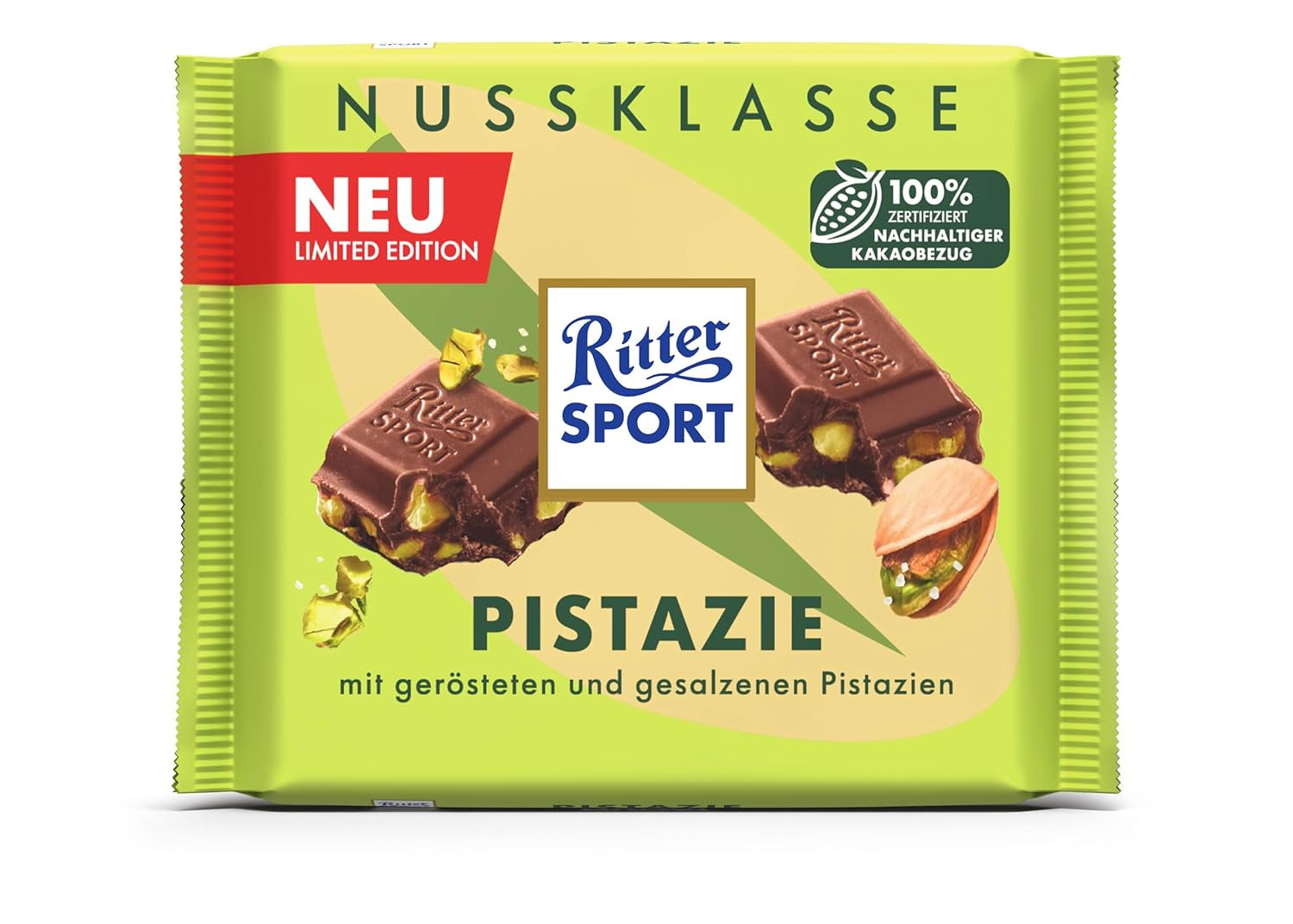 Ritter Sport Pistazie, Milchschokolade mit feinen Pistazienstückchen, ein Schokoladenklassiker, perfekt zum Naschen und Genießen, eine tolle Geschenkidee, 12 Tafeln x 100g