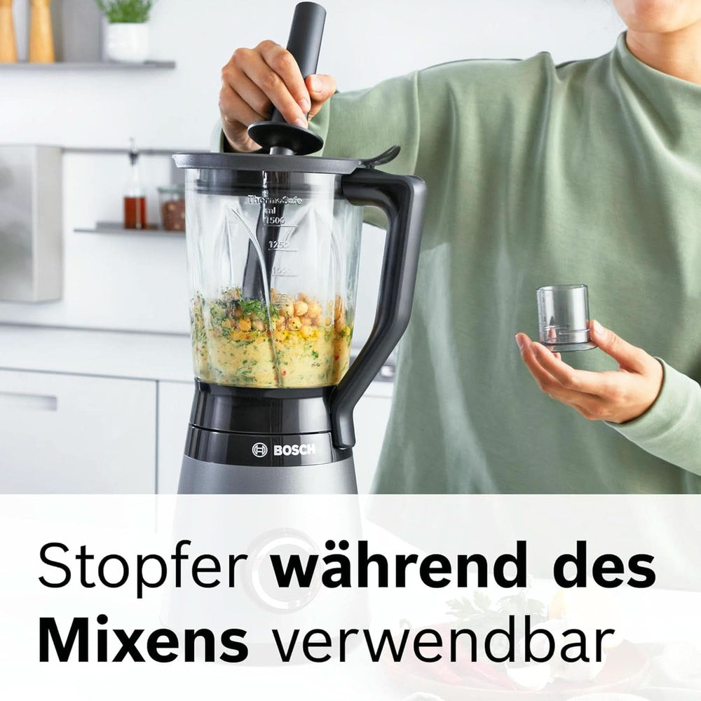 Bosch Standmixer Vitapower Serie 4 MMB6174SN, Verbesserte Version, Hochwertige Edelstahl-Klingen, 1.5L Glasbehälter, 0.6L To-Go-Flasche, Spülmaschinenfeste Teile, 30.000 U/Min, 1200 W, Silver Kitchen Naty Shop