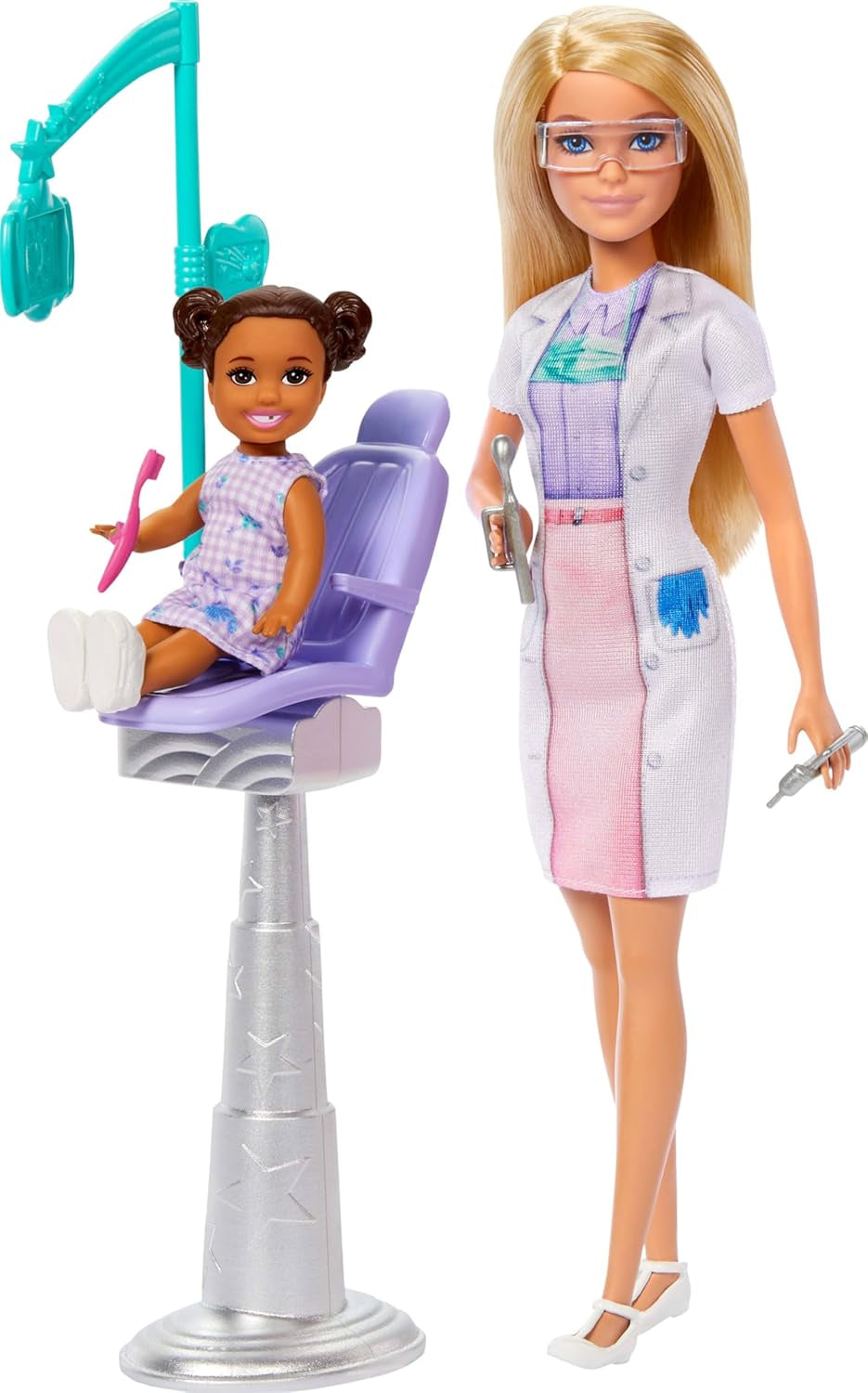 Barbie Zahnärztin-Puppe, Modepuppe mit blonden Haaren, blauem Kleid und Laborkittel, 1 Kinderpuppe, Untersuchungszubehör und passende Accessoires, JCR74