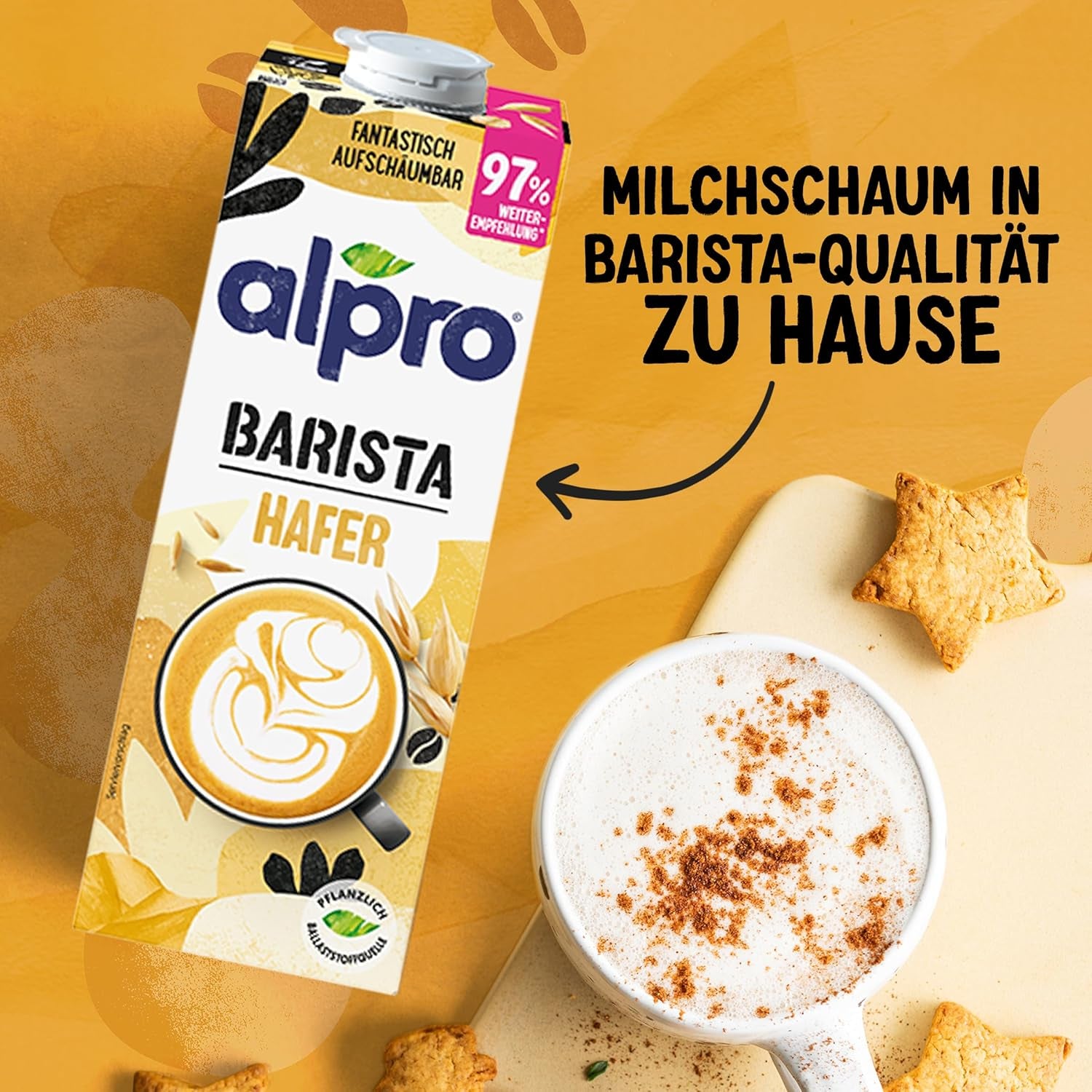 Alpro Barista Haferdrink – Zum Aufschäumen – Vegan und milchfrei – Von Natur aus laktosefrei – Reich an Ballaststoffen, Kalzium und Vitaminen – 8 x 1 L – Haltbar