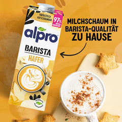 Alpro Barista Haferdrink – Zum Aufschäumen – Vegan und milchfrei – Von Natur aus laktosefrei – Reich an Ballaststoffen, Kalzium und Vitaminen – 8 x 1 L – Haltbar