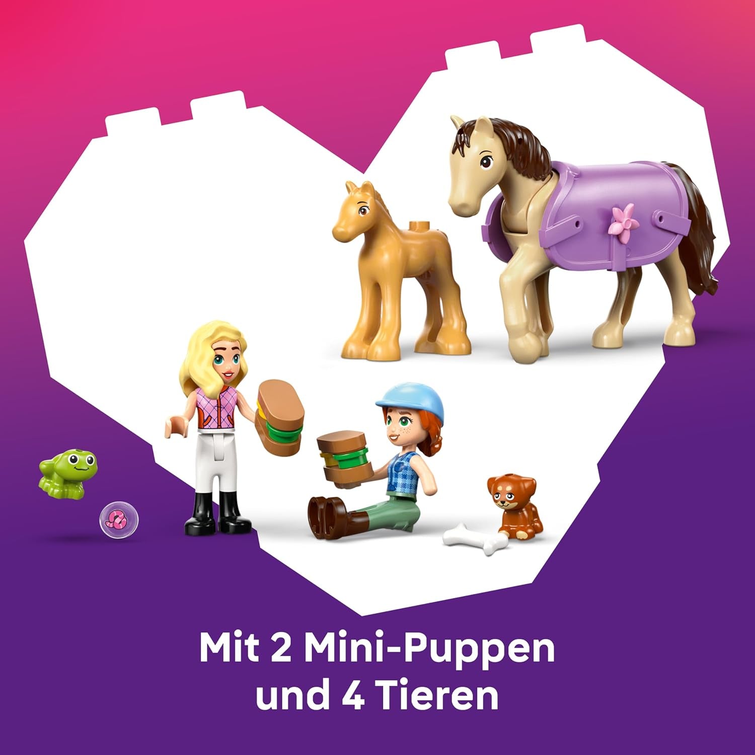 LEGO Friends Pferd und Fohlen mit Pferdeanhänger – Pferde Spieleset mit Pflegezubehör, 4 Tierfiguren, Auto & 2 Mini Puppen – Geschenkeidee zum Geburtstag für Mädchen ab 7 Jahren – 42695