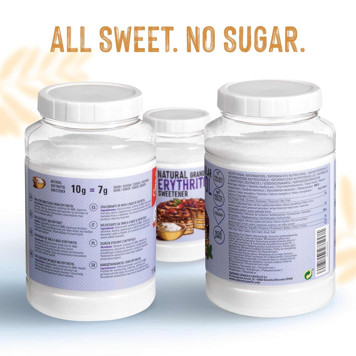 Natürliches Erythrit - Kristallzucker | 10G = 7G Zucker | Natürlicher Zuckerersatz - 0 Kalorien - 0 Glykämischer Index - Keto Und Paleo - 0 Netto-Kohlenhydrate - Kein GVO - Castello seit 1907-1Kg Süßstoffe Naty Shop