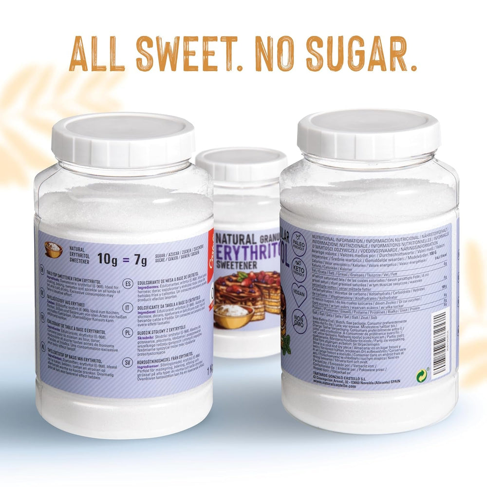 Natürliches Erythrit - Kristallzucker | 10G = 7G Zucker | Natürlicher Zuckerersatz - 0 Kalorien - 0 Glykämischer Index - Keto Und Paleo - 0 Netto-Kohlenhydrate - Kein GVO - Castello seit 1907-1Kg Süßstoffe Naty Shop