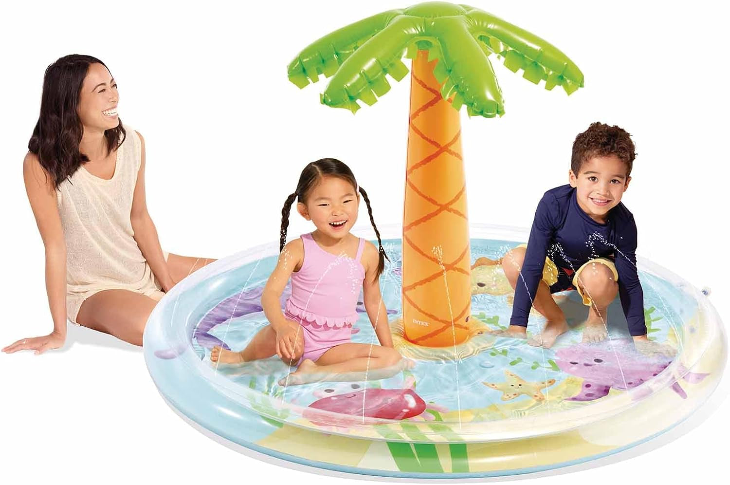 Intex aufblasbarer Kinderpool mit Palmenbrause, Ø 173 x 104 cm, mit Wasserbrause, Schlauchanschluss, Fassungsvermögen 166 L, tropisches Design, strapazierfähiges Vinyl, für Kinder ab 2 Jahren (56433)