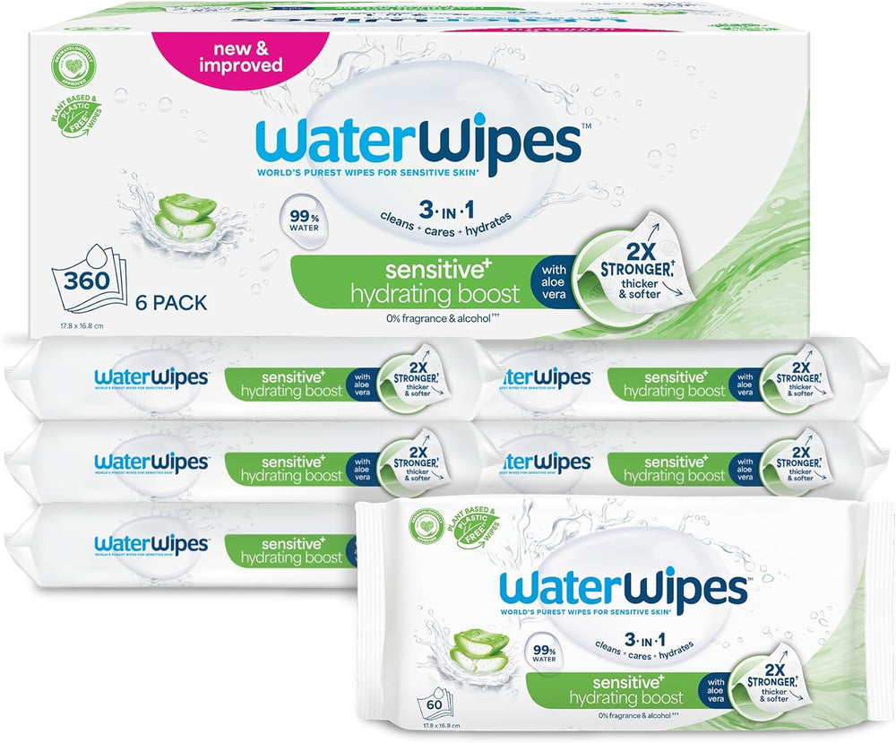 WaterWipes Sensitive+ Hydrating Boost Feuchttücher, feuchtigkeitsspendende Tücher, 720 Stück (12er-Pack), 3-in-1-Reinigung, Pflege, Feuchtigkeit, 99 % Aloe-Vera-Wasser, parfümfreie Babytücher