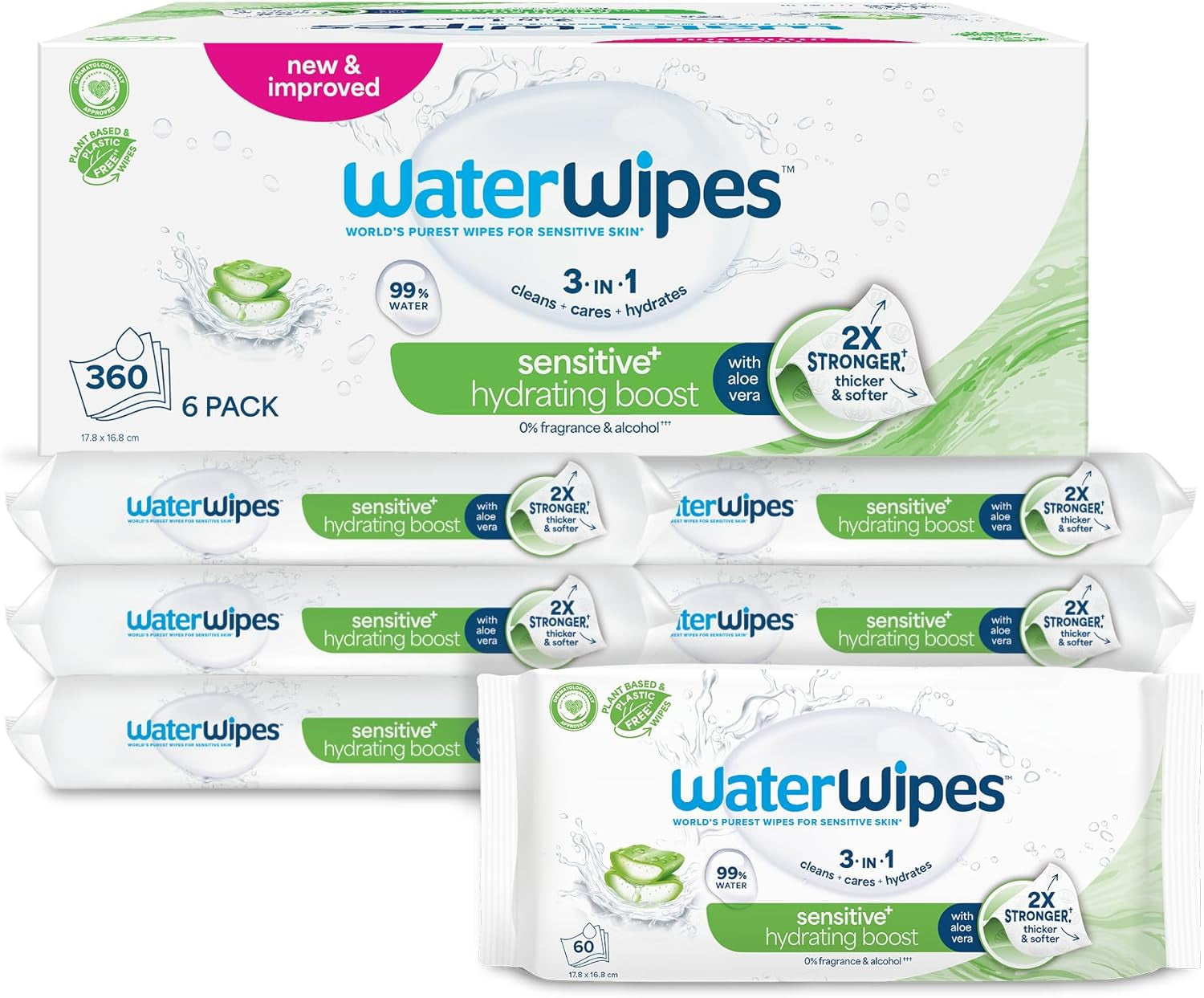 WaterWipes Sensitive+ Hydrating Boost Feuchttücher, feuchtigkeitsspendende Tücher, 360 Stück (6er-Pack), 3-in-1-Reinigung, Pflege, Hydratation, 99 % Aloe-Vera-Wasser, parfümfreie Babytücher