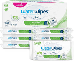 WaterWipes Sensitive+ Hydrating Boost Feuchttücher, feuchtigkeitsspendende Tücher, 360 Stück (6er-Pack), 3-in-1-Reinigung, Pflege, Hydratation, 99 % Aloe-Vera-Wasser, parfümfreie Babytücher