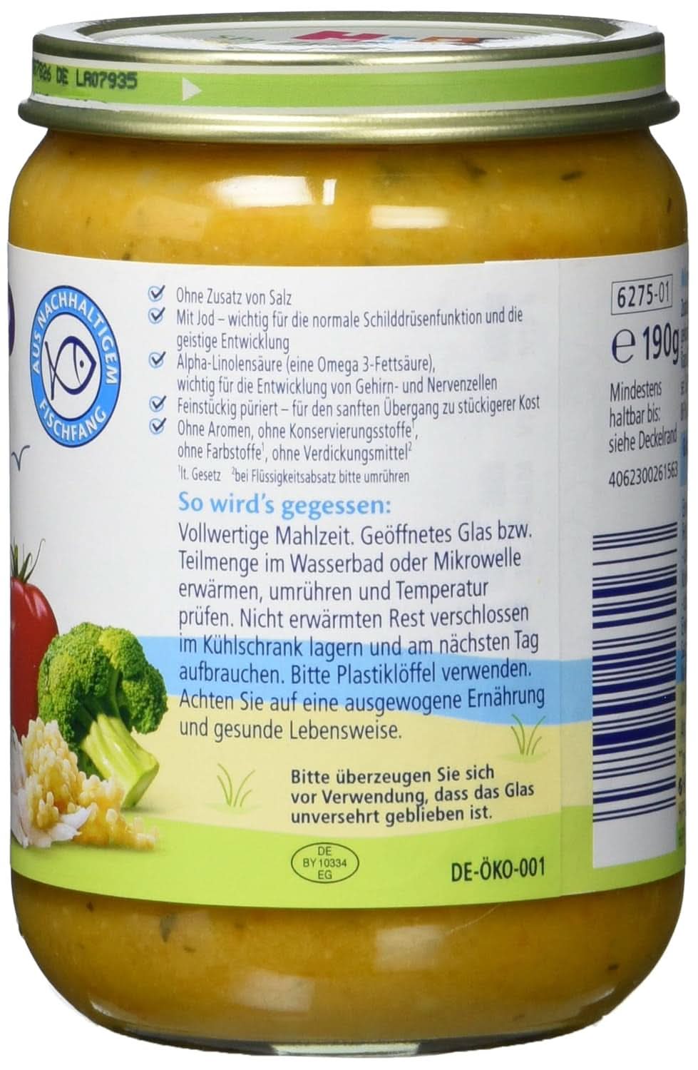 Hipp Mini-Pasta mit Alaska-Seelachs-Fischfilets und Gemüse mit Butter, 6er-Pack (6 x 190 g) Mutter und Kind Naty Shop