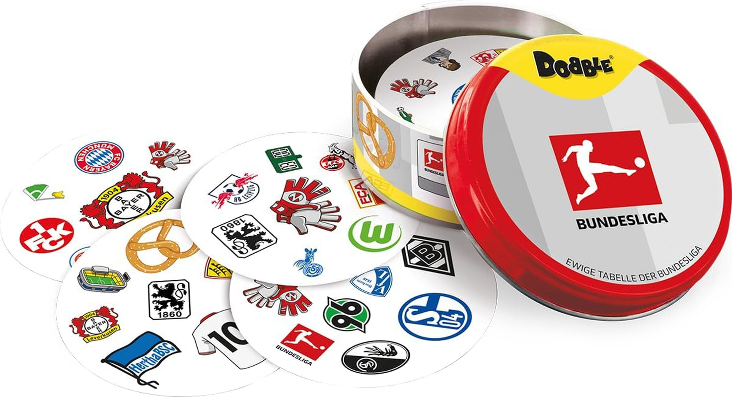Dobble Bundesliga, Familienspiel, Kartenspiel, 2-8 Spieler, ab 6 Jahren, 15 Minuten, deutsch