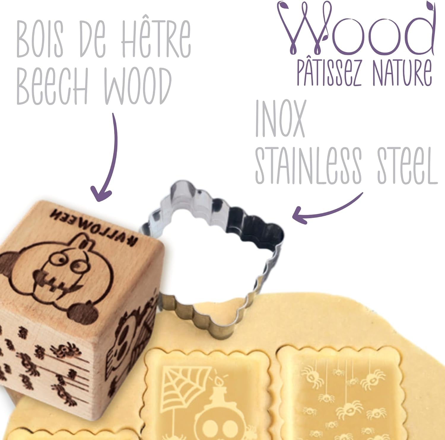 ScrapCooking – Gebäckstempel aus Holz mit Halloween-Mustern – mit 1 Keksausstecher und Würfelausstecher mit 5 erhabenen eingravierten Gesichtern – 5298