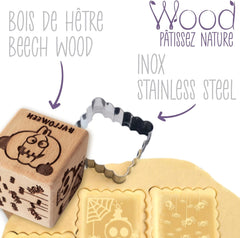 ScrapCooking – Gebäckstempel aus Holz mit Halloween-Mustern – mit 1 Keksausstecher und Würfelausstecher mit 5 erhabenen eingravierten Gesichtern – 5298