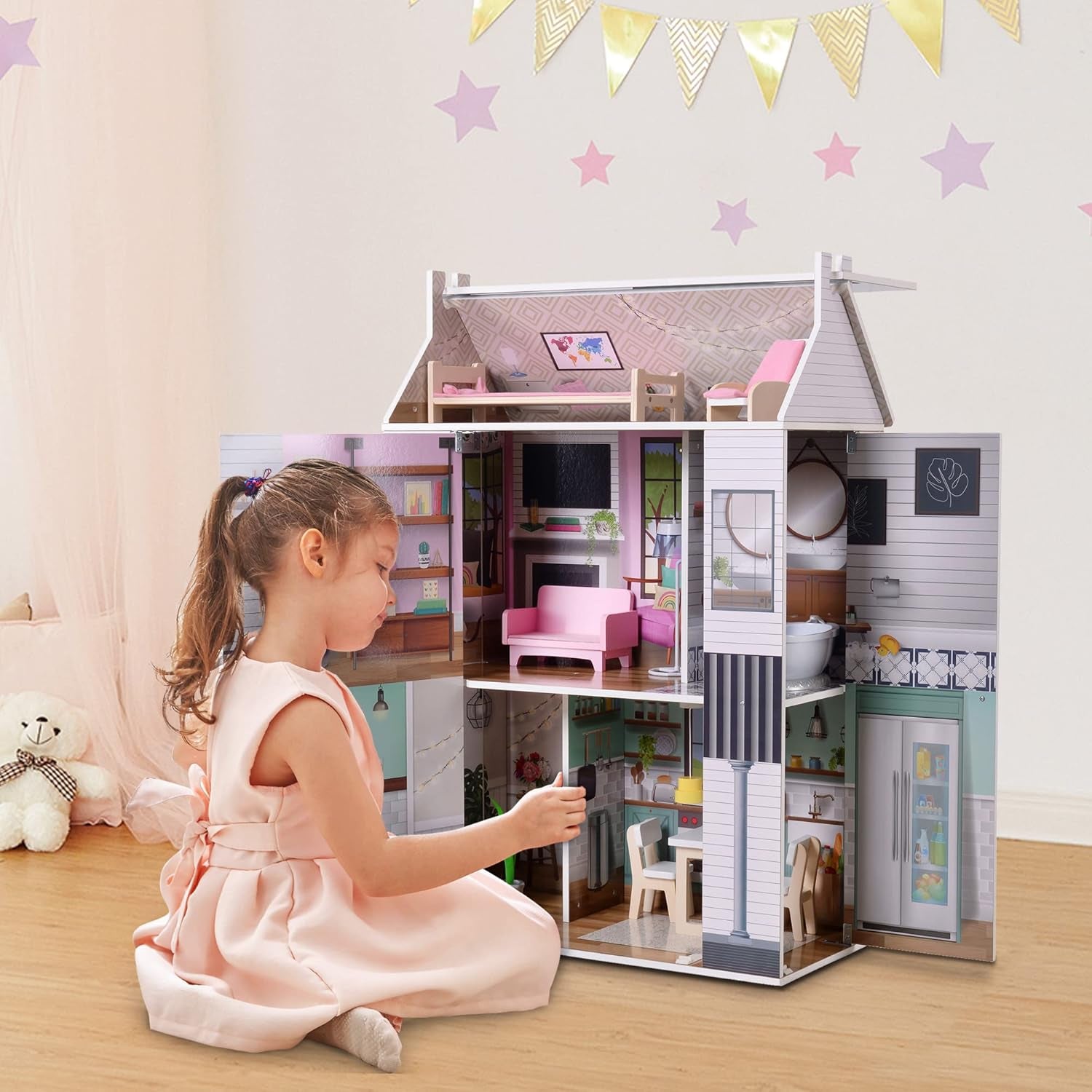 Olivia'S Little World Dreamland Farmhouse Kids Interaktives Puppenhaus aus Holz 3 Etagen mit 13 Puppenmöbelzubehör Weiß TD-13632A Puppenhäuser Naty Shop