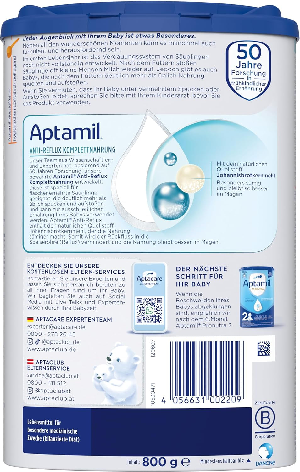 Aptamil Anti-Reflux – Komplette Formel von Geburt an, diätetische Behandlung, Erbrechen und Aufstoßen, Babynahrung, Milchpulver, 1 x 800 g