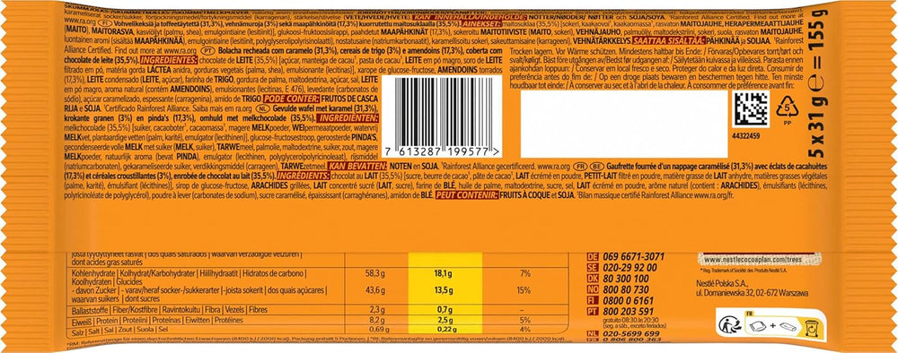 Erdnussschokoladenriegel mit Milchschokoladenüberzug, köstliche Karamellfüllung, Erdnüsse und knusprige Waffeln, Großpackung Süßigkeiten, 1 Packung (5 x 31 g)