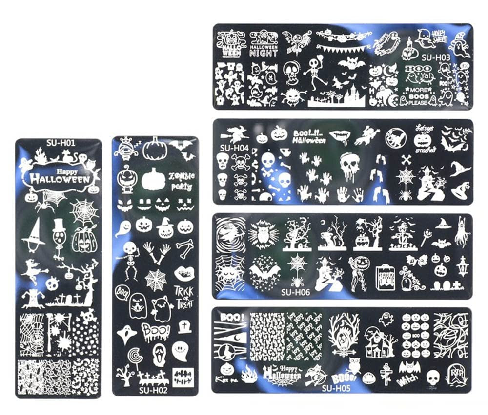 JMEOWIO Nagel Stamping Schablone Halloween 6 Stück Nagelstempel Schablone Nail Art Dekoration Nageldesign Zubehör Böse Gruselige Kürbis-Geisterhexe