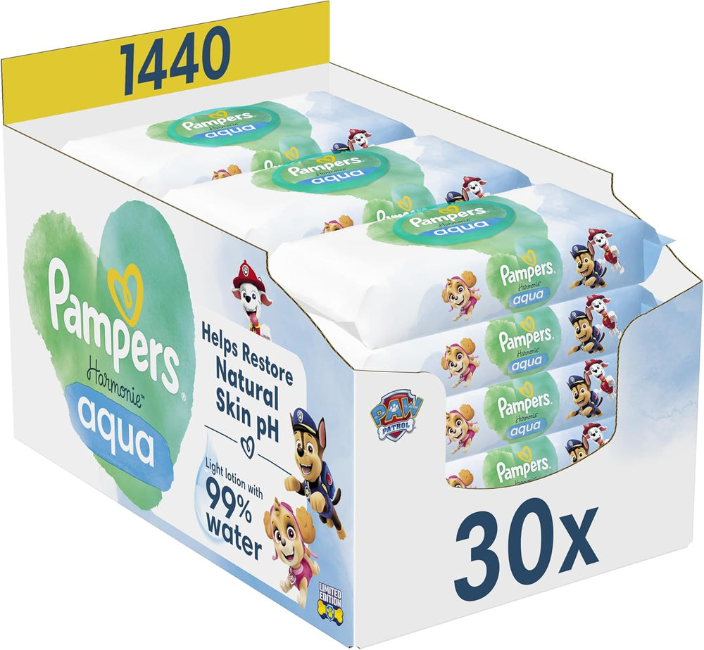 Pampers Harmony Aqua Baby Wipes Paw Patrol 15 Packung mit 48 Tüchern 720 Babyfeuchttücher helfen, den natürlichen pH-Wert der Haut wiederherzustellen. Leichte Lotion 99 % Wasser